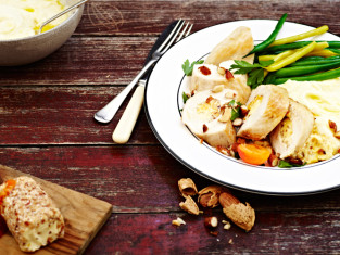 Apricot-and-almond-cream-cheese-stuffed-chicken-breasts-with-mash-and-veggies