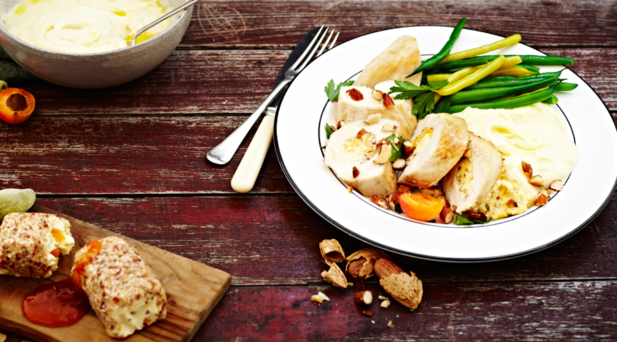 Apricot-and-almond-cream-cheese-stuffed-chicken-breasts-with-mash-and-veggies